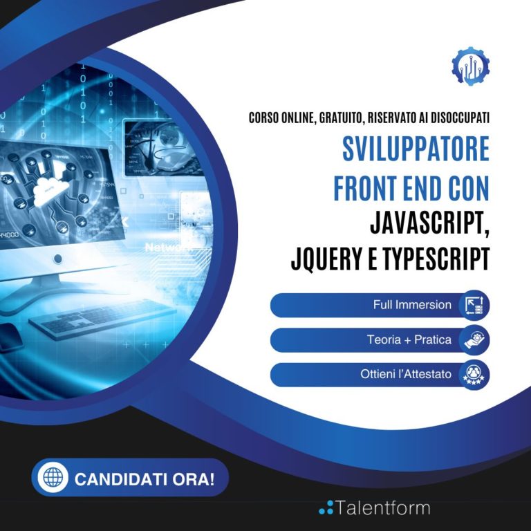 Sviluppatore Front End con JavaScript, jQuery e TypeScript (corso GRATUITO a distanza, in aula virtuale), edizione del 18 ottobre 2023 18 Sviluppatore Front End con JavaScript jQuery e TypeScript 1920 × 1080 px 1080 × 1080 px 1