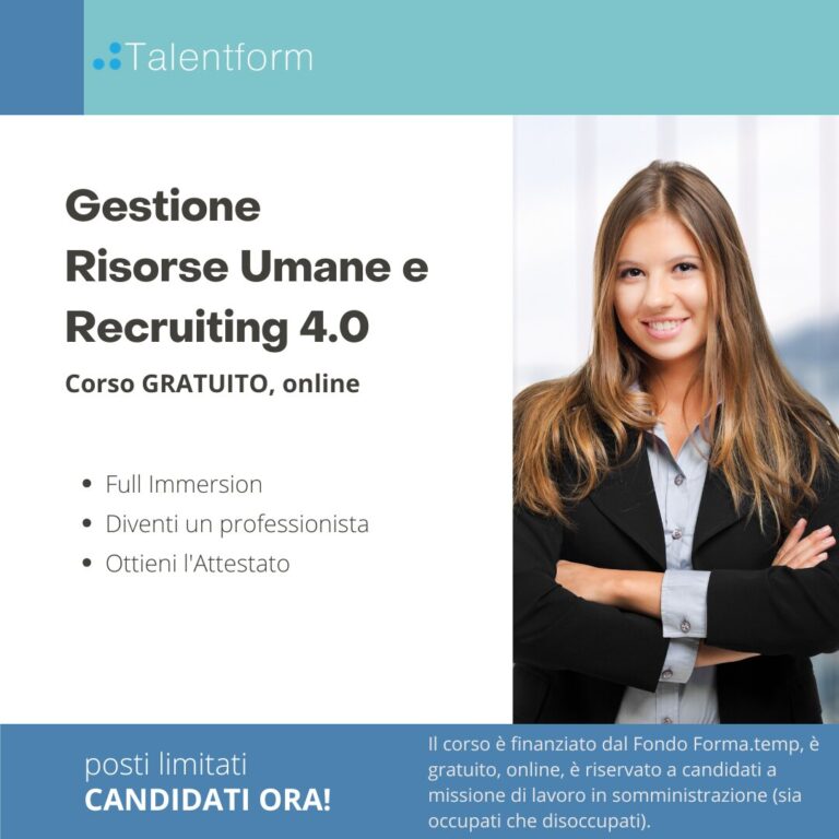 Gestione delle Risorse Umane e Recruiting 4.0 (corso GRATUITO online, full time), edizione del 16 giugno 2026 1 Corso Gratutito di Gestione Risorse Umane e Recruiting 4.0