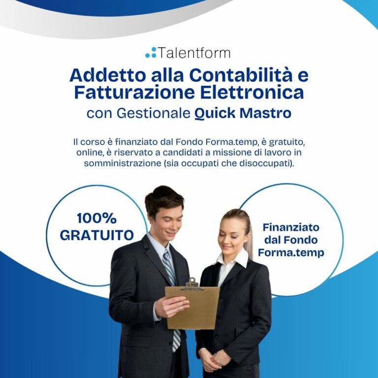 Addetto alla contabilità e fatturazione elettronica con gestionale Quick Mastro (corso GRATUITO online, full time), edizione del 29 aprile 2026 5 Corso gratuito di Addetto alla Contabilita e Fatturazione Elettronica con Gestionale Quick Mastro 1080 x 1080 px 1