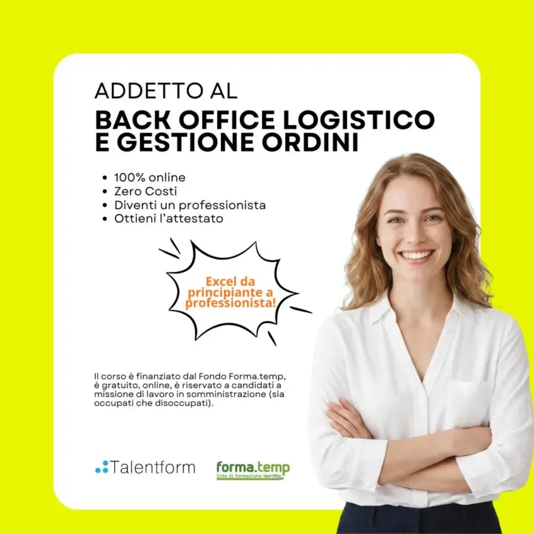 Addetto al Back Office Logistico e Gestione Ordini (corso GRATUITO online, full time), edizione del 25 settembre 2026 45 1080 Addetto al Back Office Logistico e Gestione Ordini 1080x1080 1