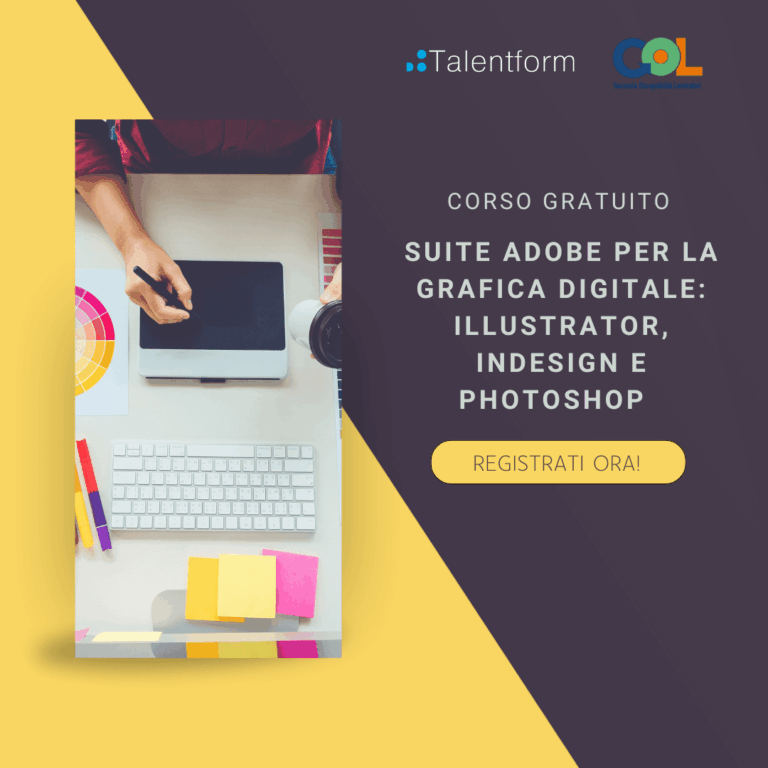 Suite Adobe per la grafica digitale: Illustrator, InDesign e Photoshop, Corso Gratuito, Programma GOL Lazio, Percorso 2 1 Suite Adobe per la grafica digitale 1080x1080 1