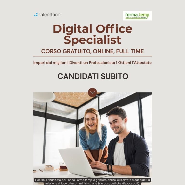Digital Office Specialist (corso GRATUITO online, full time), edizione del 30 settembre 2026 34 1080 Digital Office Specialist