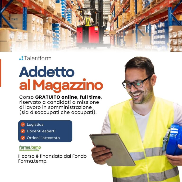 Addetto al magazzino (corso GRATUITO online, full time), edizione del 31 agosto 2026 7 Corso Gratuito Addetto al Magazzino