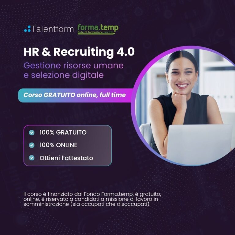 HR & Recruiting 4.0: gestione risorse umane e selezione digitale (corso GRATUITO online, full time), edizione del 30 settembre 2026 29 Corso Gratuito di HR Recruiting 4.0