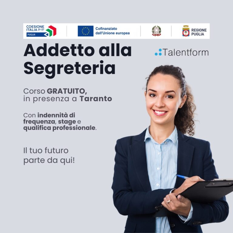 Addetto alla Segreteria (Corso GRATUITO, in presenza a Taranto: con indennità di frequenza, stage e qualifica professionale) 5 Addetto alla Segreteria 1080 x 1080 px 1